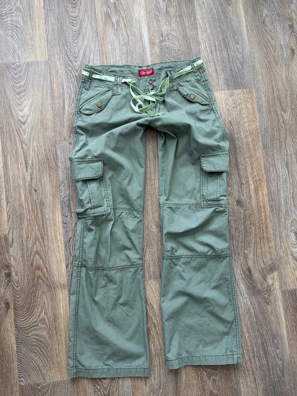 Y2K BeBop Olive Green Low Rise Cargo Pants Wide Leg Utility Ribbon Belt Size 9